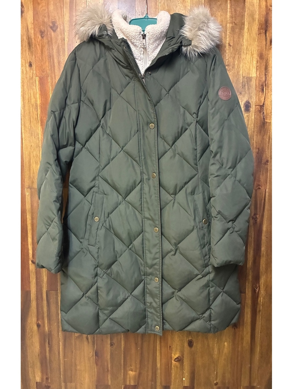 Lauren Ralph Lauren Green Down Puffer Coat M Faux Fur Hood Sherpa Longline